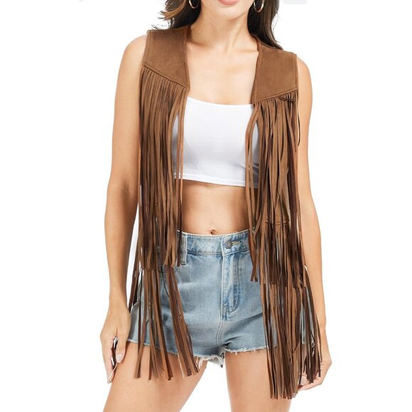 🆕Women Brown Faux Suede Western Sleeveless 70s Cowgirl Hippie Outfits - Picture 3 of 8